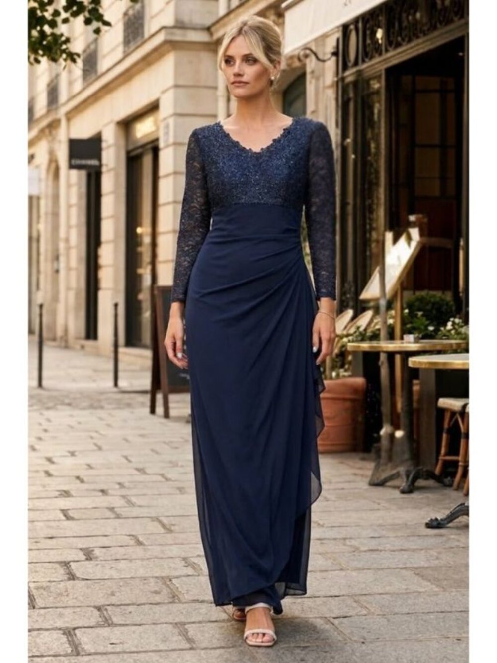 Clearance Navy Size 2XL V-Neck Long Lace Gown Mother of the Groom Dress By 3451
